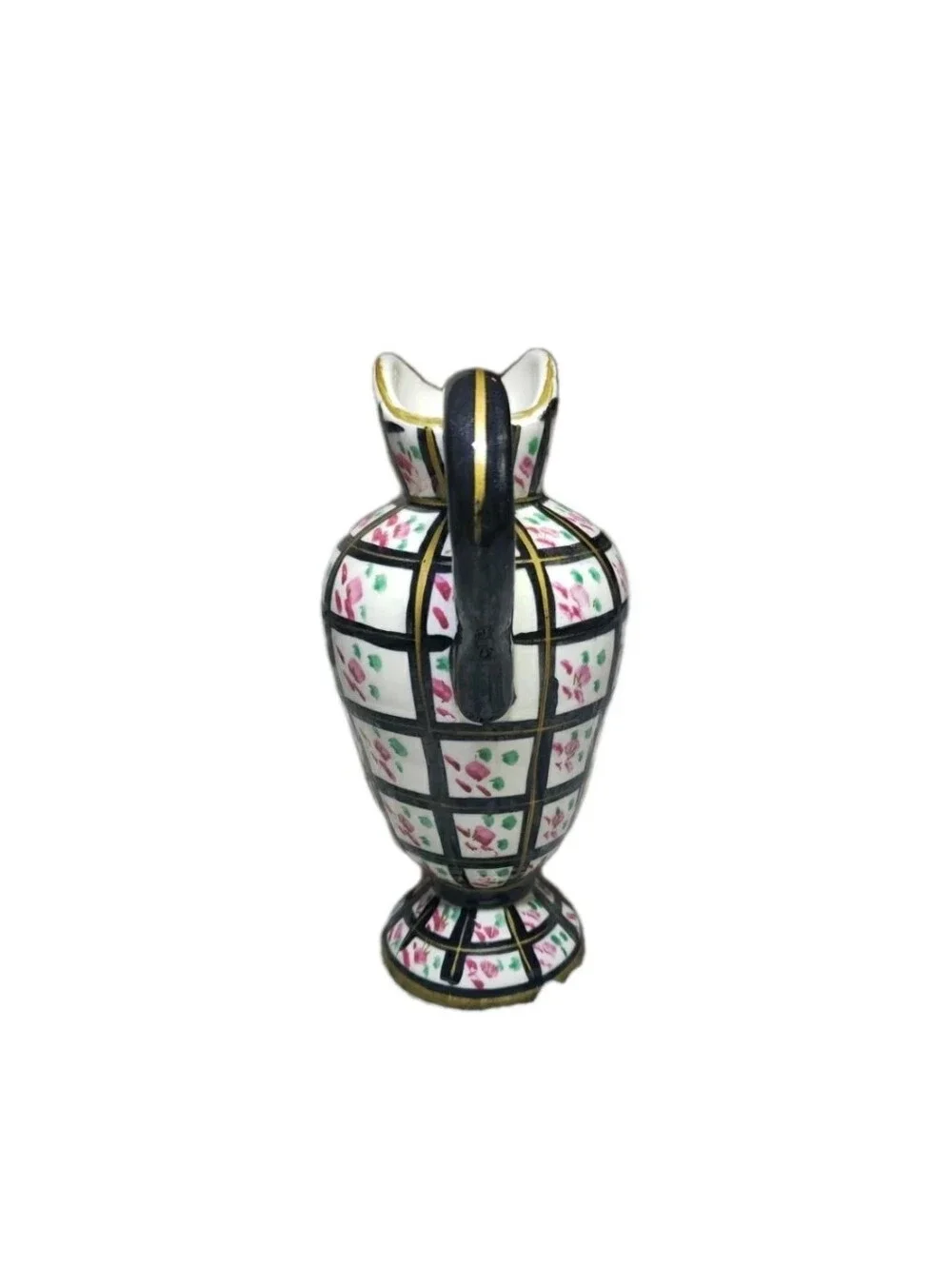Vtg Handpainted Black Gold Floral Checkered Pitcher Vase